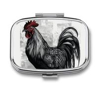 Pilulier en métal avec miroir - Pilulier de voyage à 2 compartiments pour sac à main, pilulier portable, récipient compact à vitamines, organisateur de médicaments en forme de coq noir, organisateur