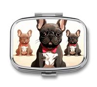 Pilulier en métal avec miroir - Pilulier de voyage à 2 compartiments pour sac à main, pilulier portable, conteneur compact pour vitamines, chien de dessin animé, bouledogue français, organisateur de