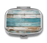 Pilulier en métal avec miroir - Pilulier de voyage à 2 compartiments pour sac à main, pilulier portable, conteneur à vitamines, récipient vintage en bois de plage, couleur bleu ancien, organiseur de