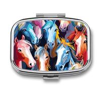Pilulier en métal avec miroir - Pilulier de voyage à 2 compartiments pour sac à main, pilulier portable, conteneur de vitamines compact coloré motif chevaux de dessin animé organisateur de médicaments