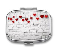 Pilulier en métal avec motif cœurs sur mur de briques blanches, 2 compartiments étanche avec miroir pour sac à main, porte-vitamines, médicament quotidien, récipient de voyage moyen (carré)