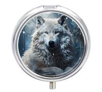 Pilulier en métal avec motif loup assis dans la neige - 3 compartiments - Petit pilulier de voyage - Pour sac à main