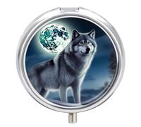 Pilulier en métal avec motif loup sous la lune - 3 compartiments - Petit pilulier de voyage - Pour sac à main