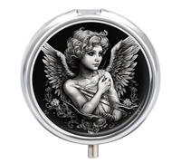Pilulier en métal de style portrait d'ange - 3 compartiments - Étanche - Avec miroir - Pour sac à main, sac de poche, support de vitamines pour médicaments quotidiens - Récipient de voyage (rond)