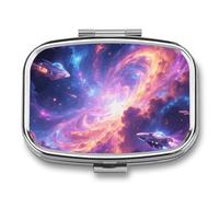 Pilulier en métal Magic Nebula - 2 compartiments - Étanche - Avec miroir - Pour sac à main, sac à main, porte-vitamines, médicaments quotidiens - Conteneur de voyage (carré)