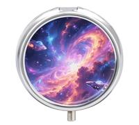Pilulier en métal Magic Nebula - 3 compartiments - Étanche - Avec miroir - Pour sac à main, sac de poche, support de vitamines pour médicaments quotidiens - Récipient de voyage (rond)