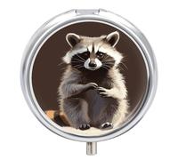 Pilulier en métal mignon raton laveur, 3 compartiments étanche avec miroir pour sac à main, sac de poche, support hermétique pour médicaments quotidiens, vitamines, récipient de voyage portable (rond)