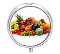 Pilulier en métal pour variétés de légumes frais, fruits, pilulier étanche à 3 compartiments avec miroir pour sac à main, porte-vitamines, médicaments quotidiens, conteneur de voyage (rond)