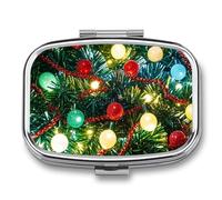 Pilulier étanche à 2 compartiments avec miroir carré en métal - Lumières de Noël - Boîte à médicaments portable pour poche et sac à main de voyage