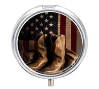 Pilulier étanche à 3 compartiments avec miroir et bottes de cowboy en métal avec motif drapeau américain et bottes de cowboy