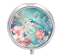 Pilulier étanche à 3 compartiments avec miroir rond en métal - Motif fleur et oiseau