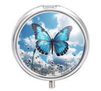Pilulier étanche à 3 compartiments avec miroir rond en métal - Motif papillon bleu et nuages