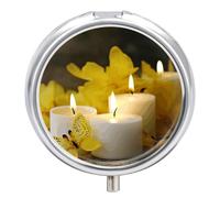 Pilulier étanche à 3 compartiments avec miroir rond en métal - Motif papillon jaune avec bougies blanches - Pour poche et sac à main