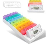 FISHTEC - Pilulier Semainier 7 Jours 28 Compartiments Multicolores - Boîte à Médicaments Journalier Matin/Midi/Soir/Nuit -Écran Digital avec Heure + 6 Alarmes Programmables par Jour