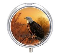 Pilulier Golden Sunset Pygargue à tête blanche 3 compartiments étanche avec miroir Récipient rond en métal Organiseur portable pour poche et sac à main Voyage