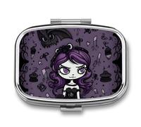 Pilulier gothique effrayant violet noir à 2 compartiments avec miroir carré en métal - Pilulier hebdomadaire pour médicaments - Organiseur de vitamines pour poche