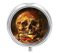 Pilulier gourmand en forme de crâne à 3 compartiments - 3 fois par jour - Joli mini pilulier pour sac à main et poche - Boîte à médicaments portable en métal avec miroir - Récipient rond pour