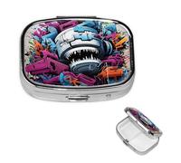 Pilulier graffiti coloré à 2 compartiments carré portable pour poche ou sac à main, petit planificateur hebdomadaire de médicaments de voyage avec miroir décoratif en métal porte-vitamines