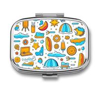Pilulier graphique sur le thème de la plage à 2 compartiments, pilulier portable avec miroir pour poche, sac à main, voyage, mini organisateur de médicaments en métal pour vitamines, huile de poisson