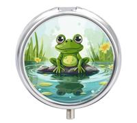 Pilulier grenouille dans un étang à 3 compartiments, petit pilulier pour sac à main ou poche, mini pilulier en métal, récipient à médicaments quotidien rond pour contenir des vitamines, de l'huile de