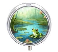 Pilulier grenouille dans un étang à 3 compartiments, petit pilulier pour sac à main ou poche, mini pilulier en métal, récipient à médicaments quotidien rond pour contenir des vitamines, de l'huile de
