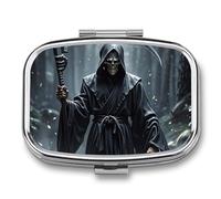 Pilulier Grim Reaper à 2 compartiments, pilulier portable pour poche ou sac à main, organiseur décoratif en métal pour médicaments et vitamines