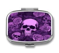 Pilulier hebdomadaire AM/PM violet crânes et roses. Pilulier de voyage compact étanche et portable. Petite boîte à pilules pour médicaments pour vitamines.