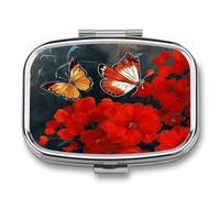 Pilulier hebdomadaire avec fleurs rouges et papillons du matin et du soir. Pilulier de voyage compact et étanche - Petite boîte à pilules pour médicaments et vitamines.