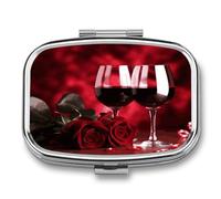 Pilulier hebdomadaire avec roses et verres de vin rouge AM/PM. Pilulier de voyage compact et étanche - Petite boîte à pilules pour médicaments et vitamines.