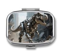 Pilulier hebdomadaire de voyage à 2 compartiments avec miroir pour sac à main, poche ou portefeuille Motif dinosaure mécanique dans une ville ruinée