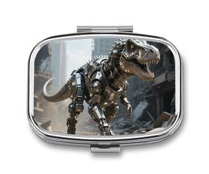 Pilulier hebdomadaire de voyage à 2 compartiments avec miroir pour sac à main, poche ou portefeuille Motif dinosaure mécanique dans une ville ruinée