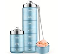 Pilulier hebdomadaire en métal empilable et étanche pour 7 jours, affichage de la date, grand compartiment pour contenir des pilules, des vitamines, de l'huile de poisson, des compléments (bleu)