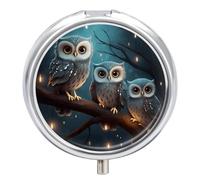 Pilulier hibou sur un arbre - 3 compartiments - Organisateur de médicaments de voyage - 3 x par jour - Organiseur portable pour vitamines avec miroir - Petit pilulier pour sac à main et poche - Joli