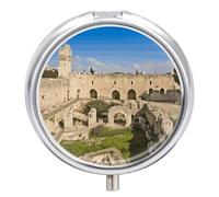Pilulier Israel at The Tower of David à 3 compartiments avec miroir pour sac à main et poche - Organiseur de médicaments de voyage - Boîte à médicaments portable en métal - Médicaments ronds C