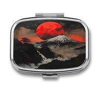 Pilulier japonais Mont Rouge Soleil, pilulier de voyage carré portable à 2 compartiments avec rangement pour vitamines, organisateur de médicaments de poche pour le bureau et la maison, huile de pois