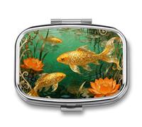 Pilulier Koi Lotus Pond avec miroir, 2 compartiments, étanche, pour sac à main ou poche, avec poignée antidérapante, organisateur de voyage pour compléments alimentaires (vitamines, huile de poisson,