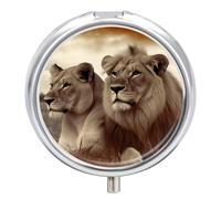 Pilulier Lion et Lionne d'Afrique avec Miroir, 3 Compartiments, Étanche, Poche à Sac, Poignée Antidérapante, Organisateur de Médicaments de Voyage, Boîte pour Vitamines et Huile de Poisson