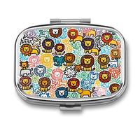 Pilulier Little Lion Doodle avec miroir, 2 compartiments, étanche, pour sac à main ou poche, avec poignée antidérapante, organisateur de voyage pour compléments alimentaires (vitamines, huile de pois
