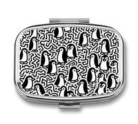 Pilulier Little Penguin Doodle avec miroir, 2 compartiments, étanche, pour sac à main ou poche, antidérapant, idéal pour les voyages et les compléments alimentaires (vitamines, huile de poisson, etc.
