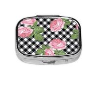 Pilulier Meta à 2 compartiments avec imprimé roses sur carreaux noirs et blancs, organiseur portable, boîte à pilules rectangulaire, 62 compartiments