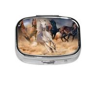 Pilulier Meta à 2 compartiments avec motif cheval sauvage qui court contre une tempête de sable, organiseur portable