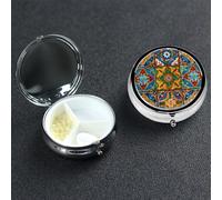 Pilulier mexicain en céramique avec miroir - 3 compartiments décoratifs pour sac à main ou poche - Petit pilulier rond en métal - Pour médicaments et vitamines - Cadeau de voyage