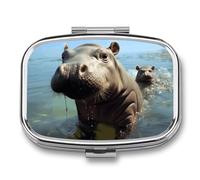 Pilulier mignon bébé hippopotame 2 compartiments petit pilulier pour sac à main ou poche Mini pilulier en métal Pilulier carré pour médicaments quotidiens pour contenir des vitamines, de l'huile de