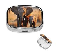 Pilulier mignon éléphant bébé et maman 2 compartiments carré portable pour poche ou sac à main, petit planificateur de médicaments hebdomadaire, pilulier de voyage avec miroir décoratif en métal
