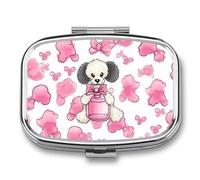 Pilulier mignon en forme de caniche à 2 compartiments étanche avec miroir carré en métal - Boîte à médicaments portable pour poche et sac à main de voyage