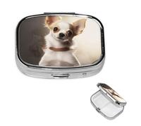 Pilulier mignon en forme de chihuahua à 2 compartiments, petite boîte à pilules pour sac à main et poche, pilulier en métal avec miroir, pilulier de voyage quotidien, support de vitamines portable