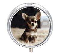 Pilulier mignon en forme de chihuahua à 3 compartiments avec miroir pour sac à main et poche, organisateur de médicaments de voyage, récipient à médicaments quotidien, boîte à médicaments ronde en