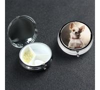 Pilulier mignon en forme de chihuahua à 3 compartiments pour sac à main ou poche, petit organisateur de médicaments avec miroir, pilulier de voyage décoratif en métal, récipient à vitamines cadeau