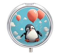 Pilulier mignon en forme de pingouin avec ballons, 3 compartiments, petit pilulier quotidien, pilulier rond, boîte à pilules de voyage en métal pour poche de sac à main