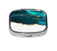 Pilulier moderne et élégant en agate dorée bleu sarcelle sur fond blanc, boîte à pilules en métal à 2 compartiments, organiseur portable